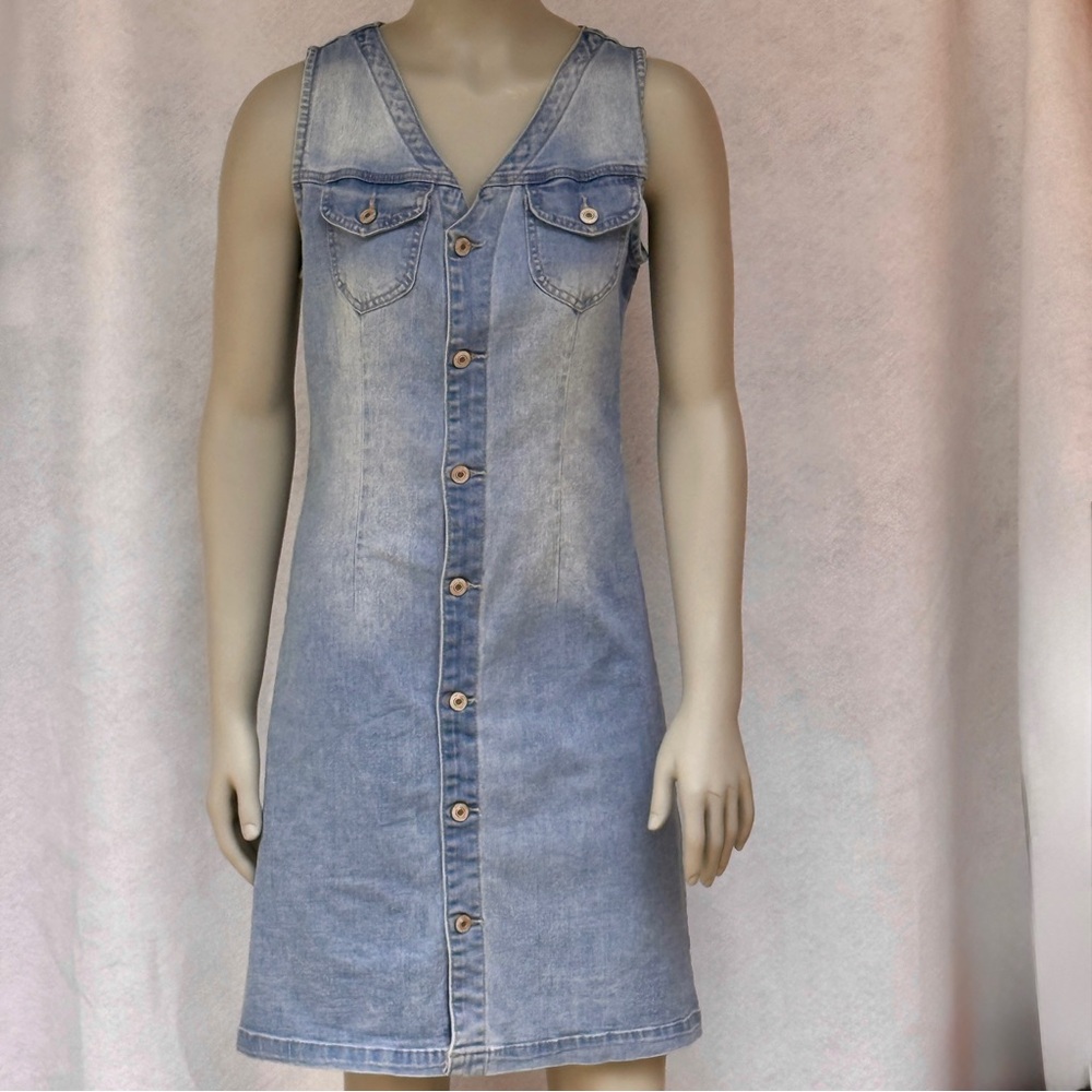 Sleeveless V-Neck Button Front Denim Dress Women's Medium Coastal Cowgirl - Picture 3 of 11